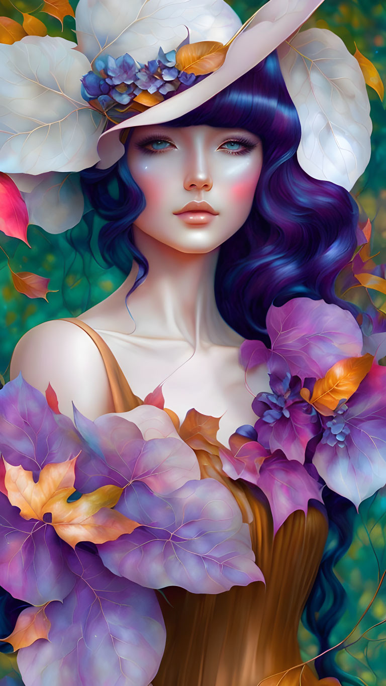 Portrait of woman with violet hair and floral hat in colorful leafy setting