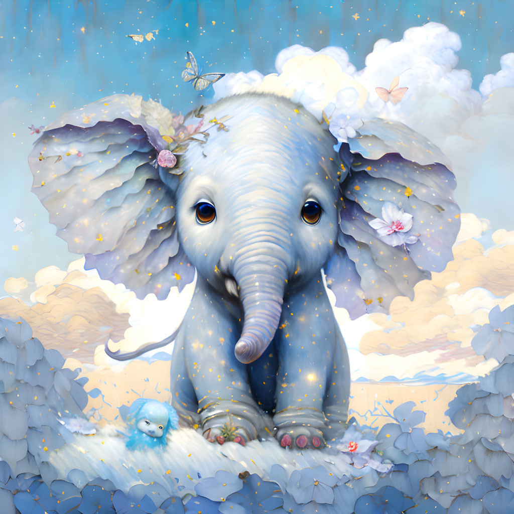 Baby elephant with starry skin and butterflies in cloudy sky