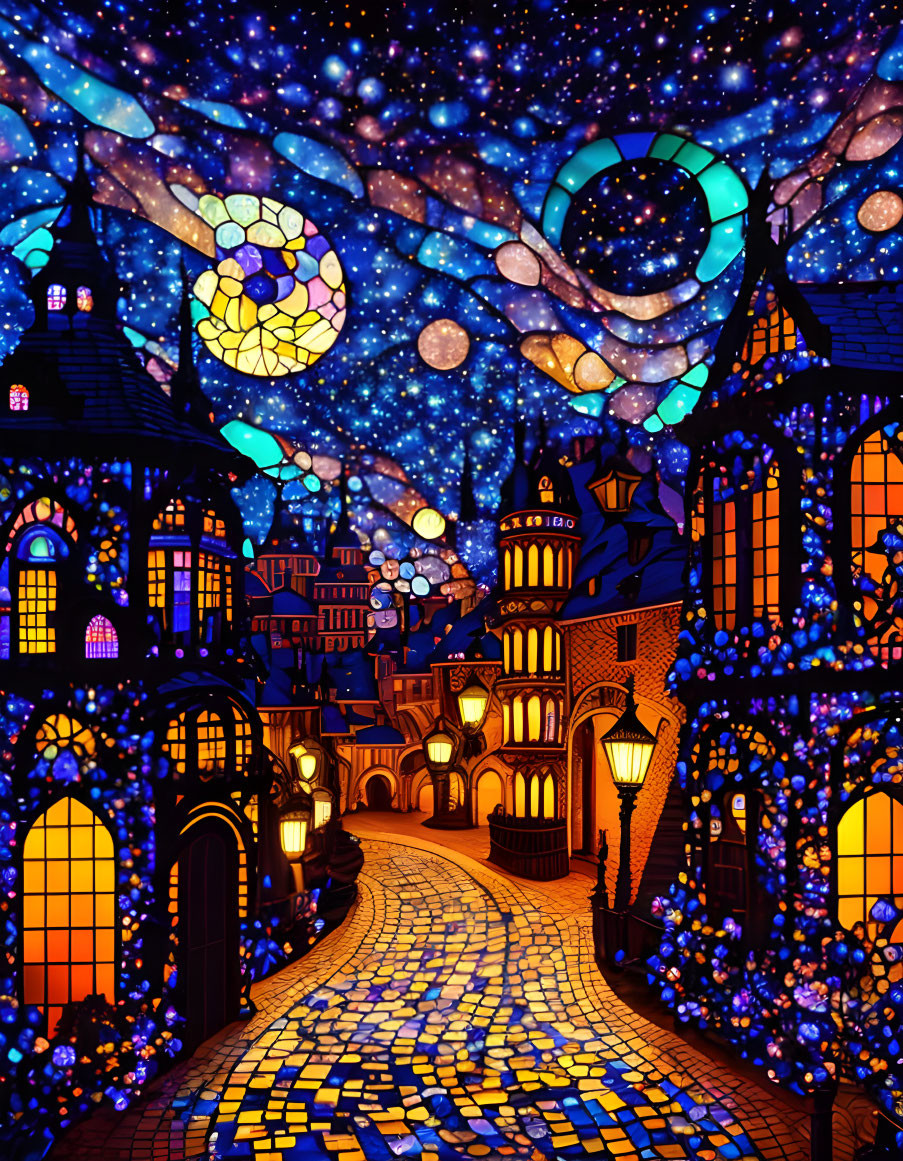 Colorful Stained-Glass Style Night Village Illustration