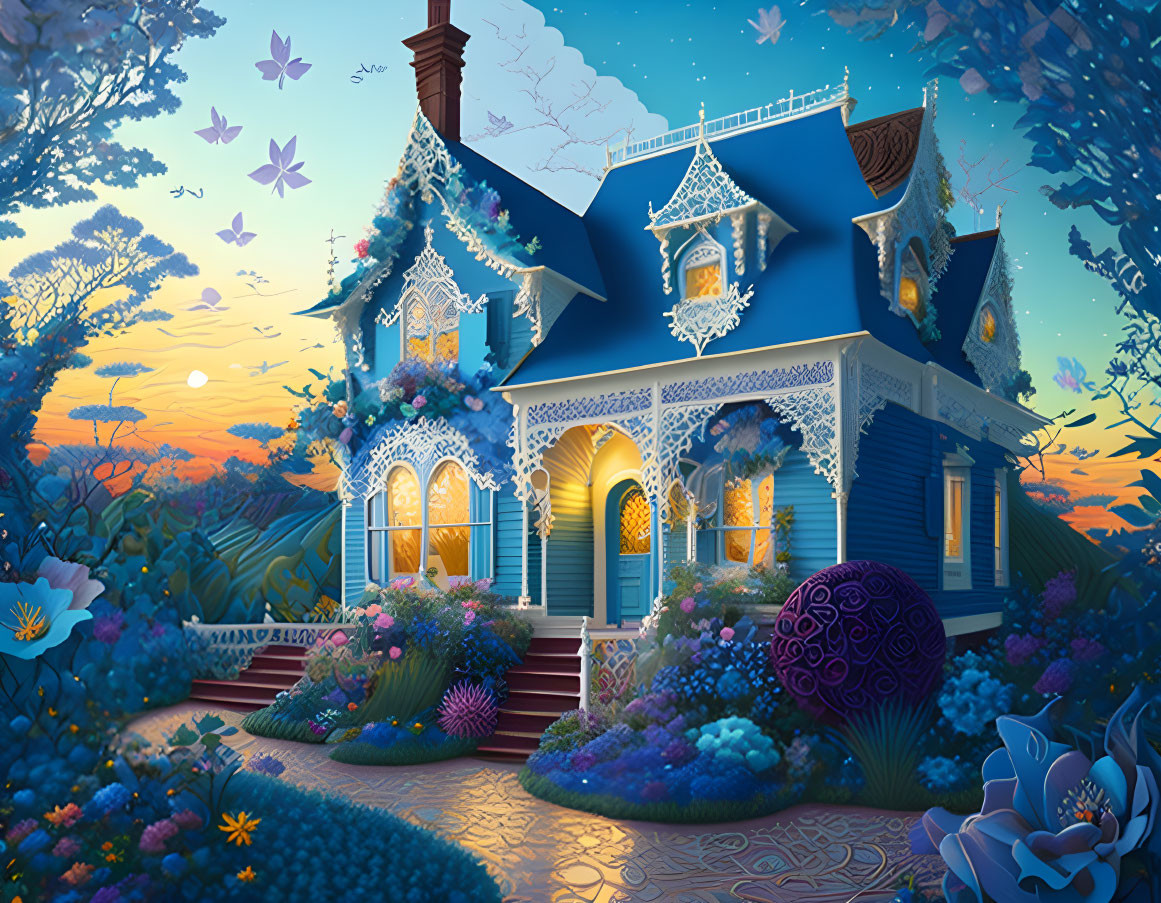 Whimsical cottage surrounded by vibrant flora under twilight sky