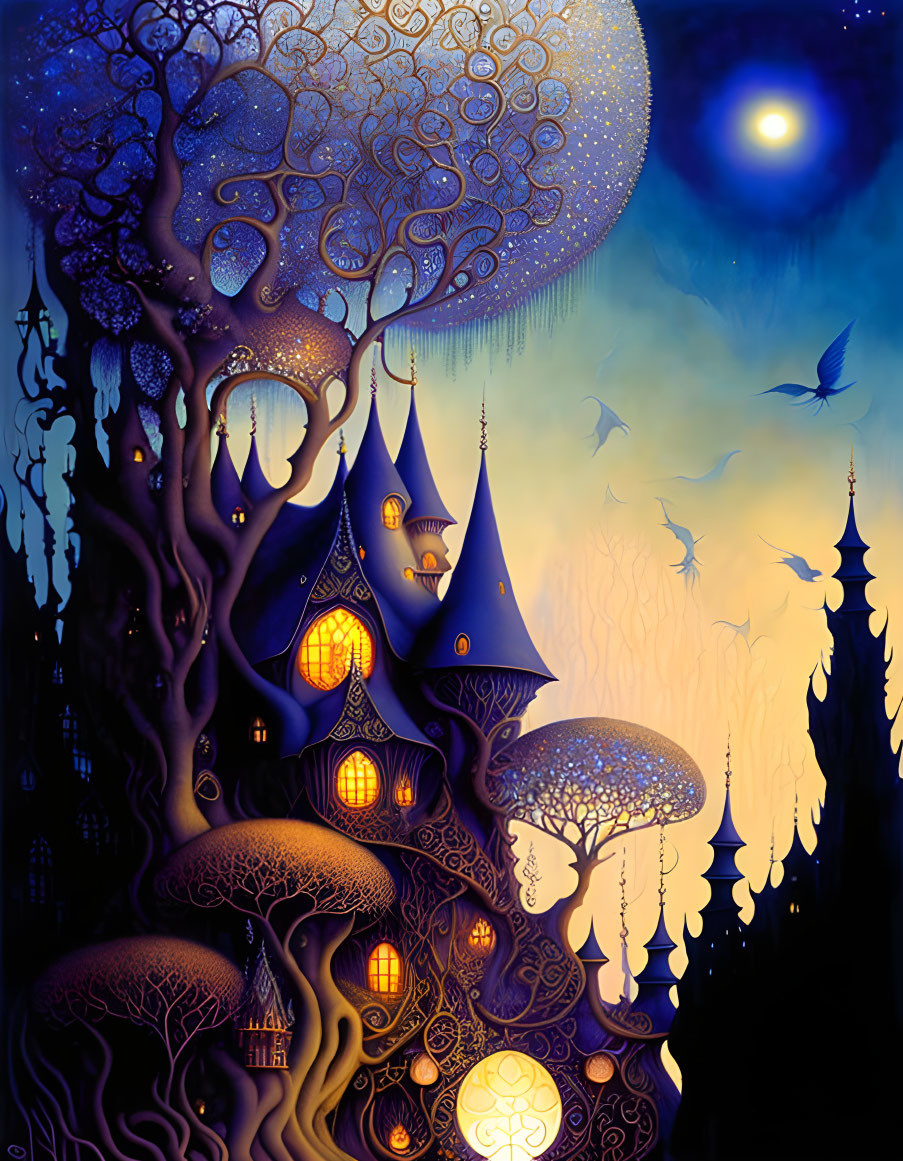 Luminous fairytale treehouses in surreal nocturnal scene