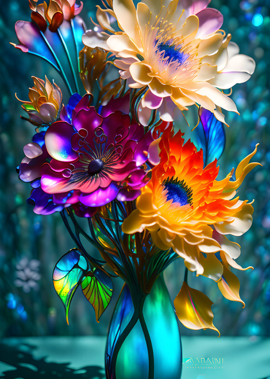 Colorful Stylized Flowers in Neon Hues with Glowing Edges