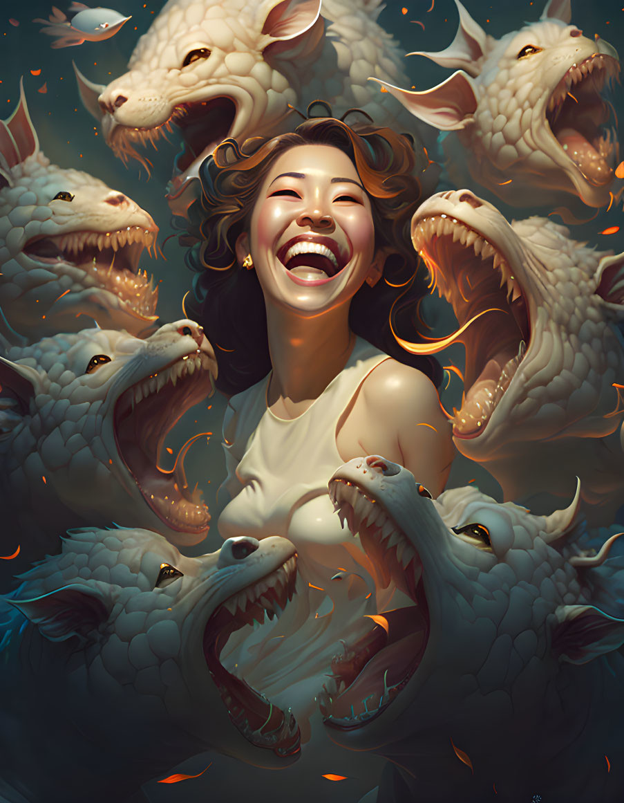 Woman with fantasy white dragons on dark warm backdrop.