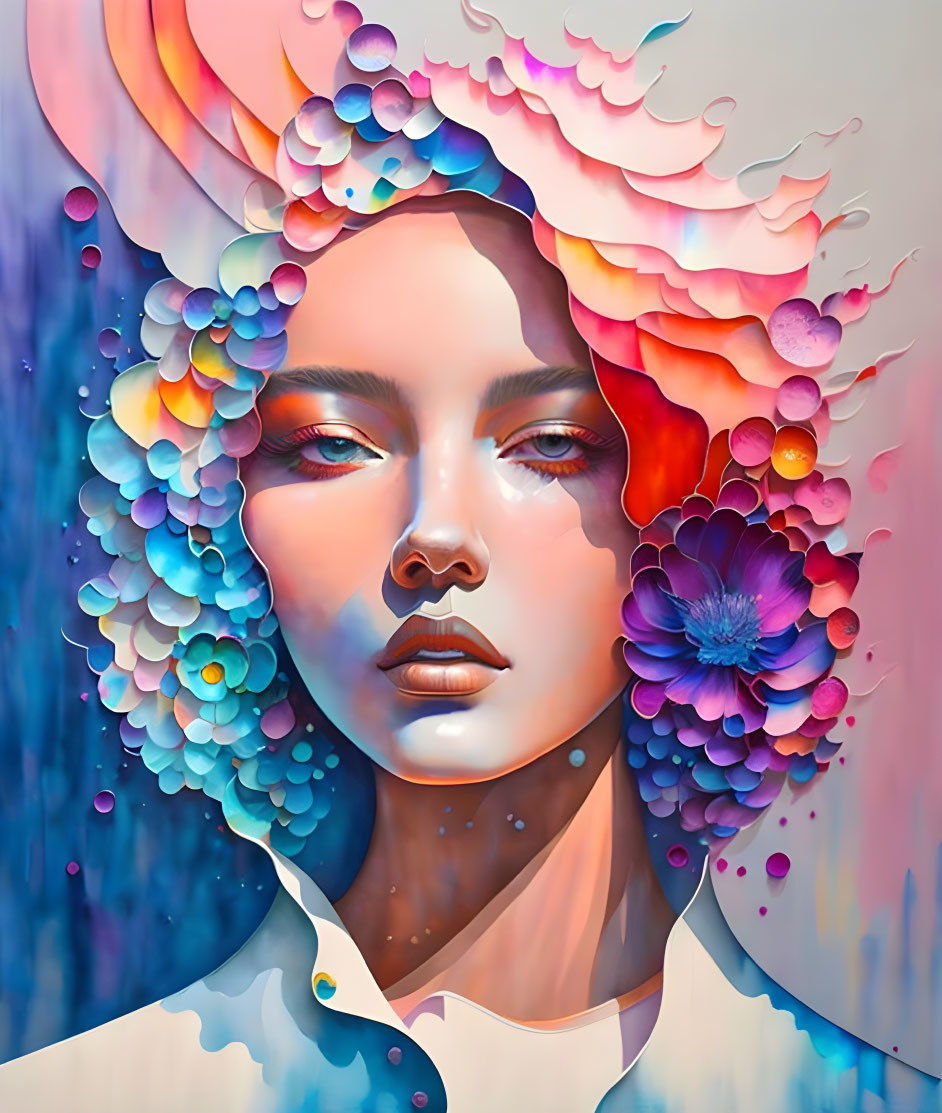 Colorful portrait of a woman with abstract headdress in blue, pink, and orange