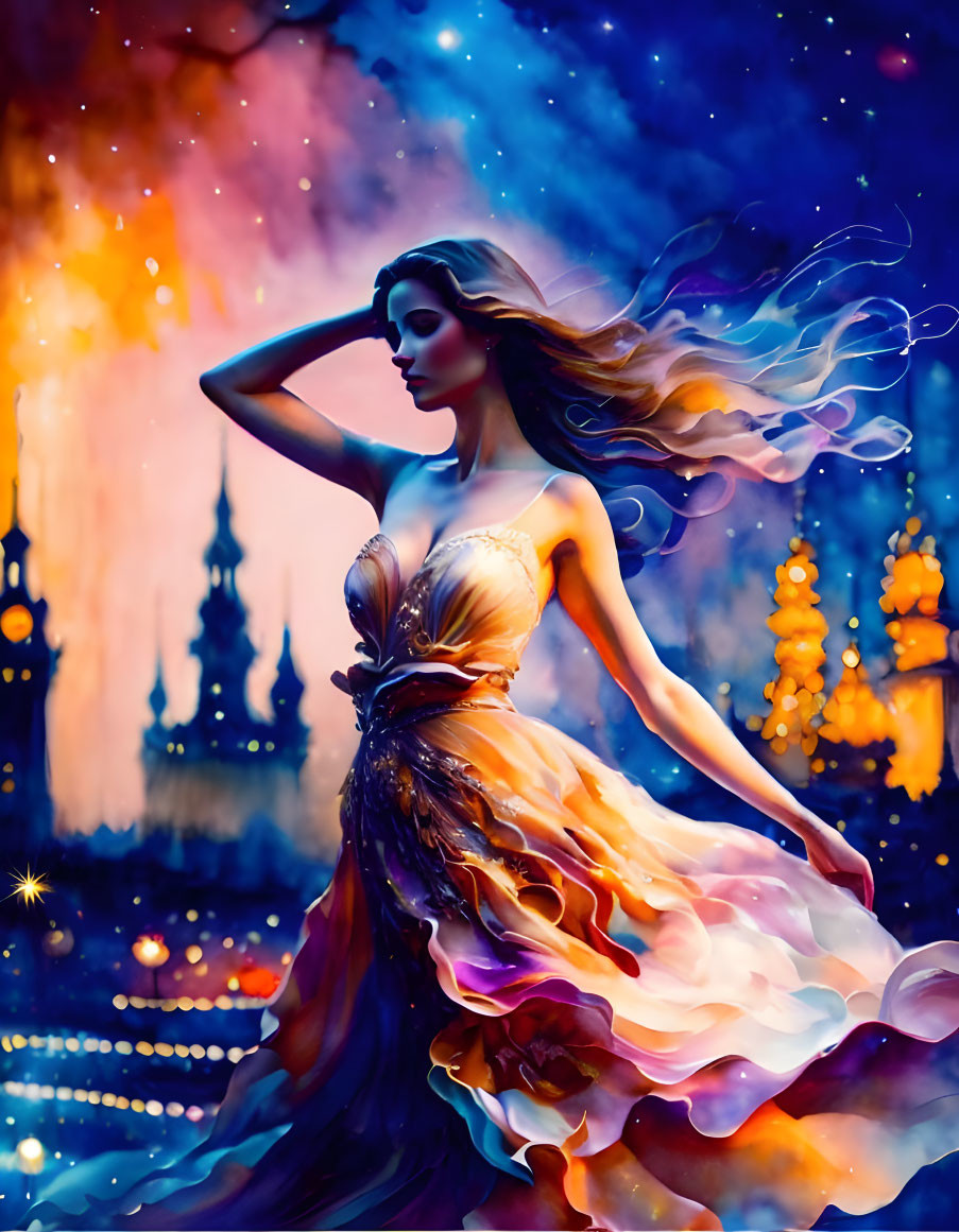 Ethereal woman in orange dress with cosmic backdrop and glowing lanterns.