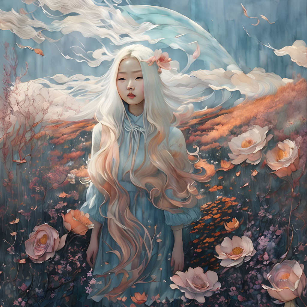 Long White-Haired Girl in Flower Field under Swirling Sky