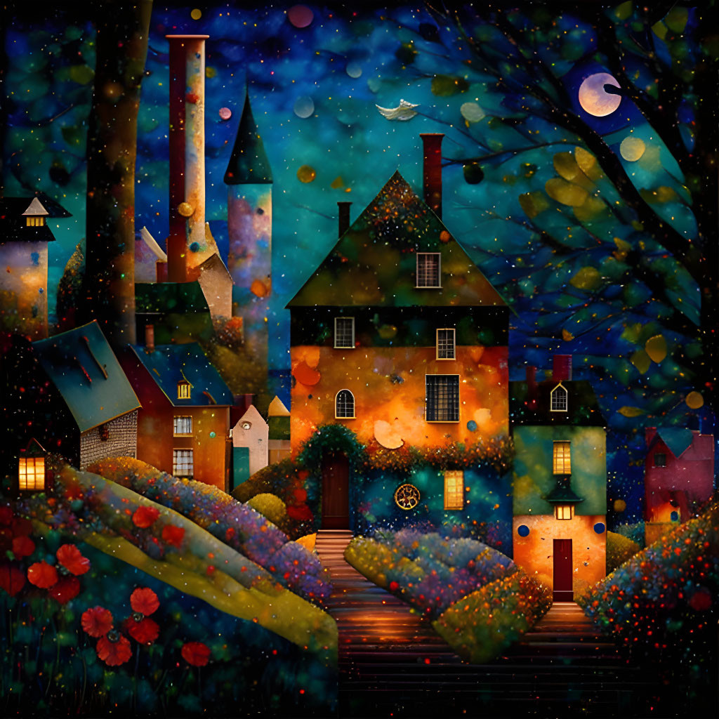 Colorful whimsical village night scene with glowing windows