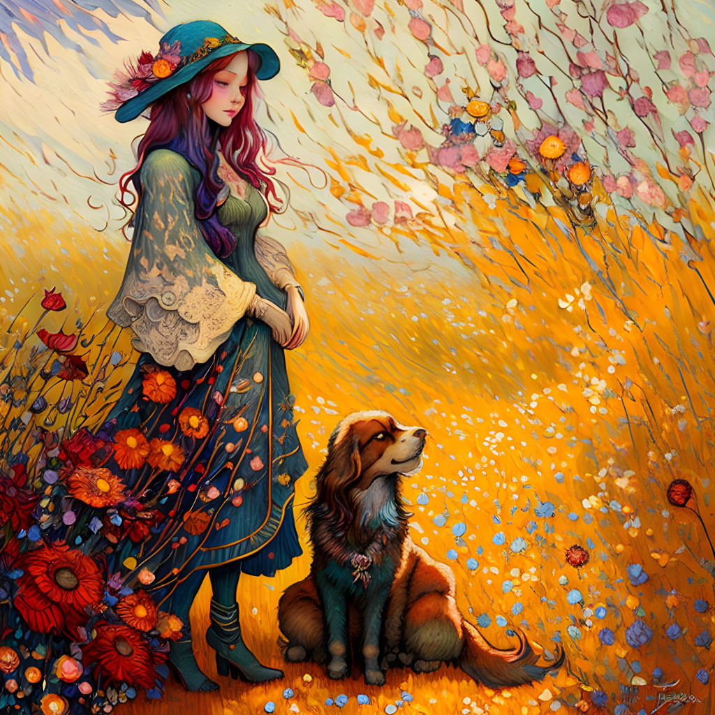 Illustration of girl in purple hat and blue dress with brown dog in vibrant flower field