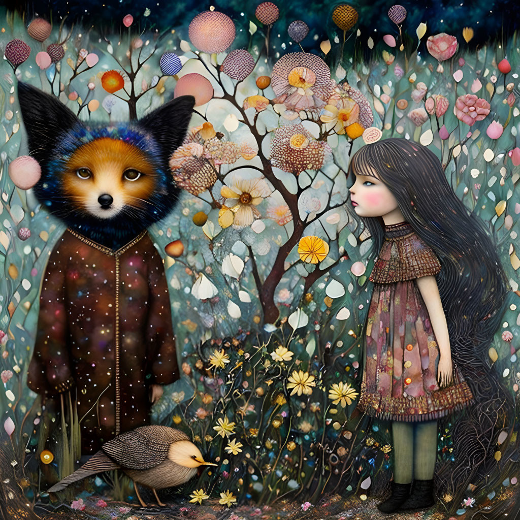 Girl and Fox-Headed Figure in Starry Cloak in Whimsical Garden