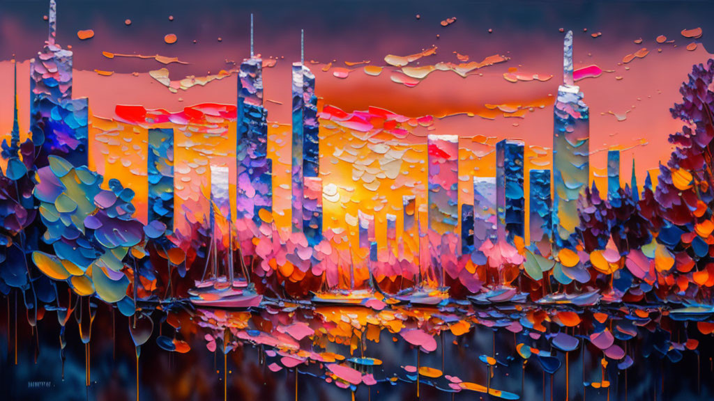 Abstract cityscape painting with vibrant colors and textured mosaic appearance.