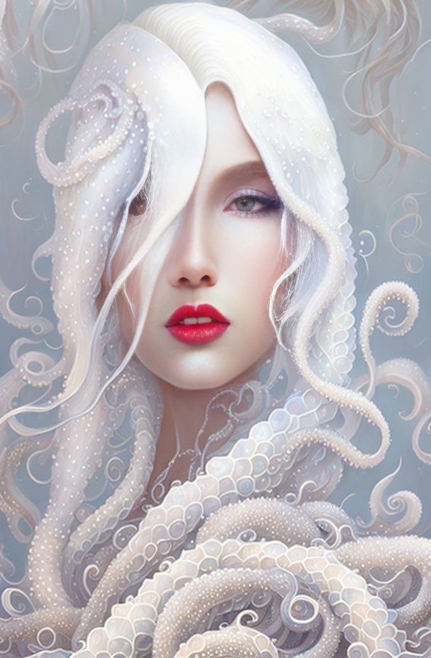 Illustrated portrait: Woman with white hair and octopus tentacles, pearly textures, soft swirl