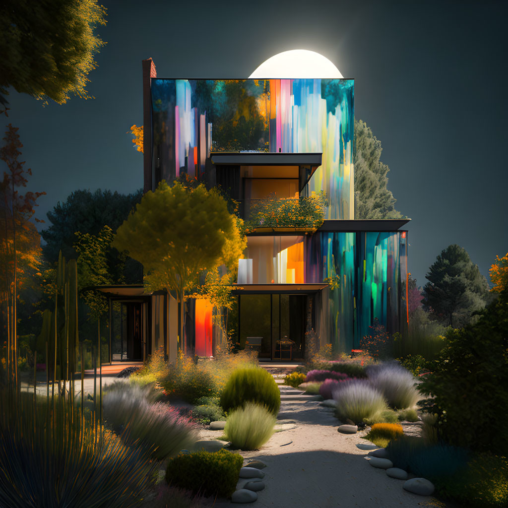 Vibrant Vertical Color Streaks on Modern House Facade