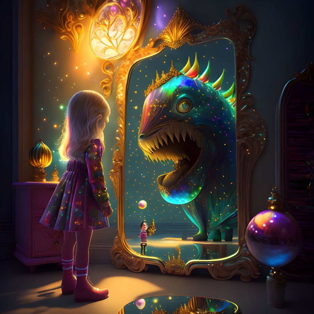 Young girl in starry dress gazes at dragon reflection in ornate mirror in mystical room