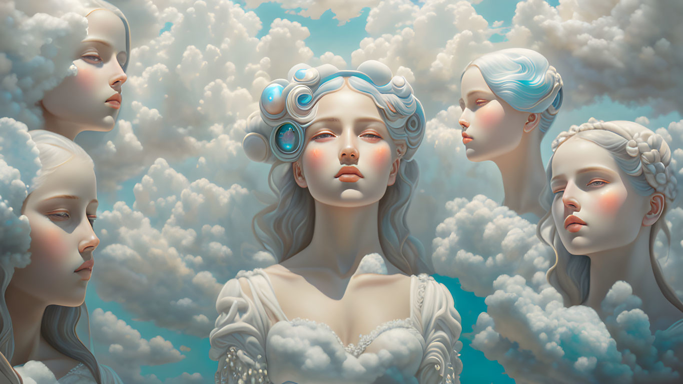 Ethereal Women's Faces in Clouds Artwork on Blue Sky