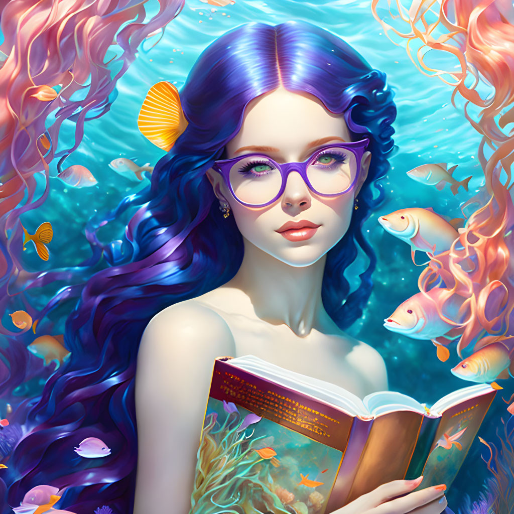 Vibrant Blue-Haired Girl Reading Book Underwater