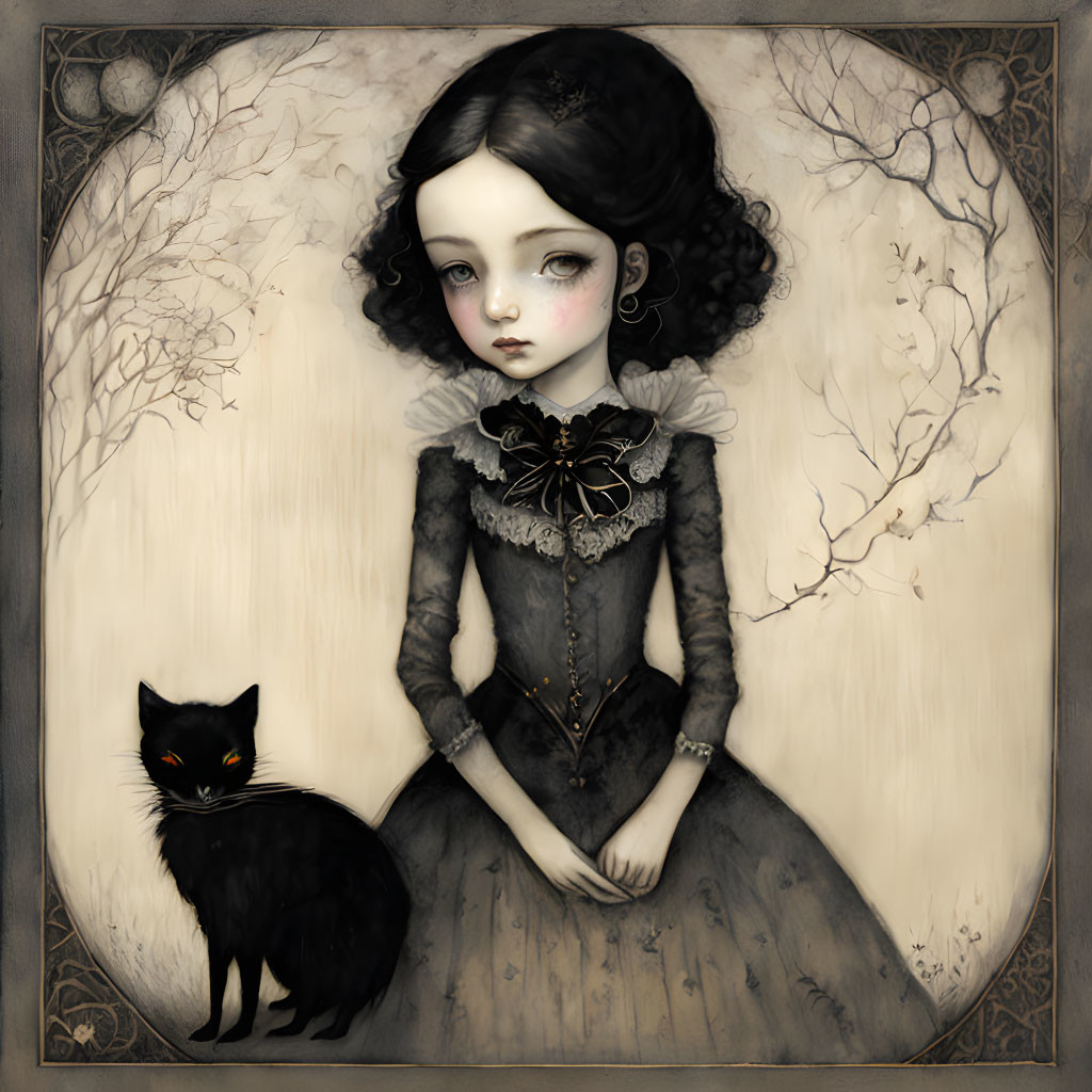 Gothic-style portrait of pale girl with big eyes and dark hair, vintage clothing, black cat