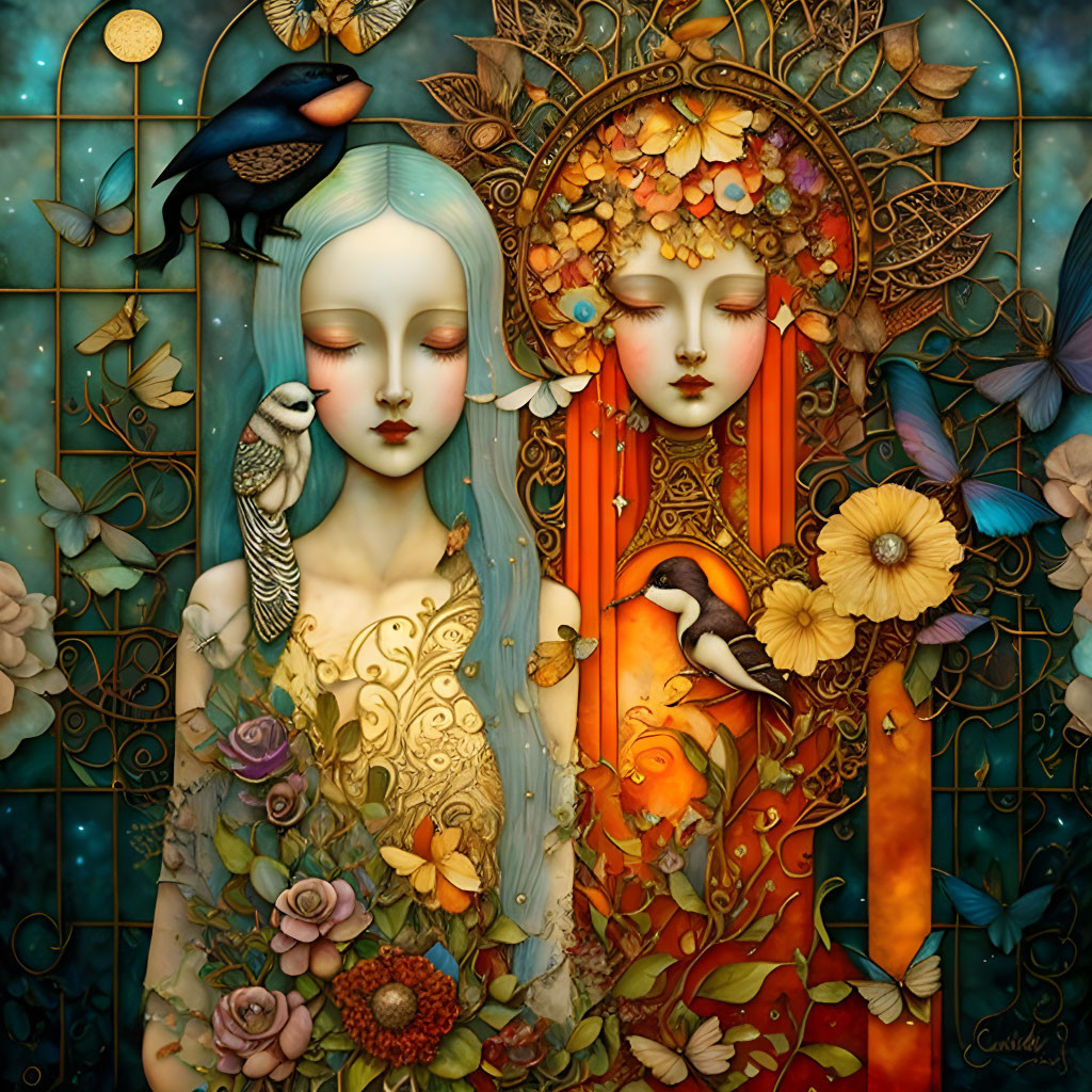 Ethereal female figures with floral and avian motifs in vibrant artwork