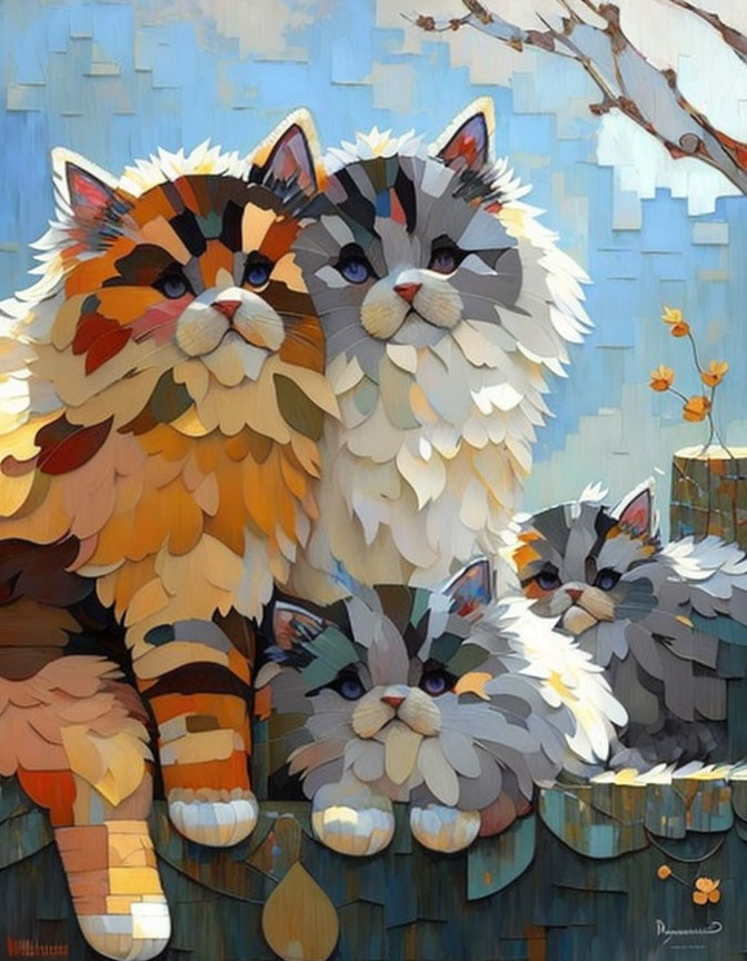 Vibrant painting of three fluffy cats on tree stump