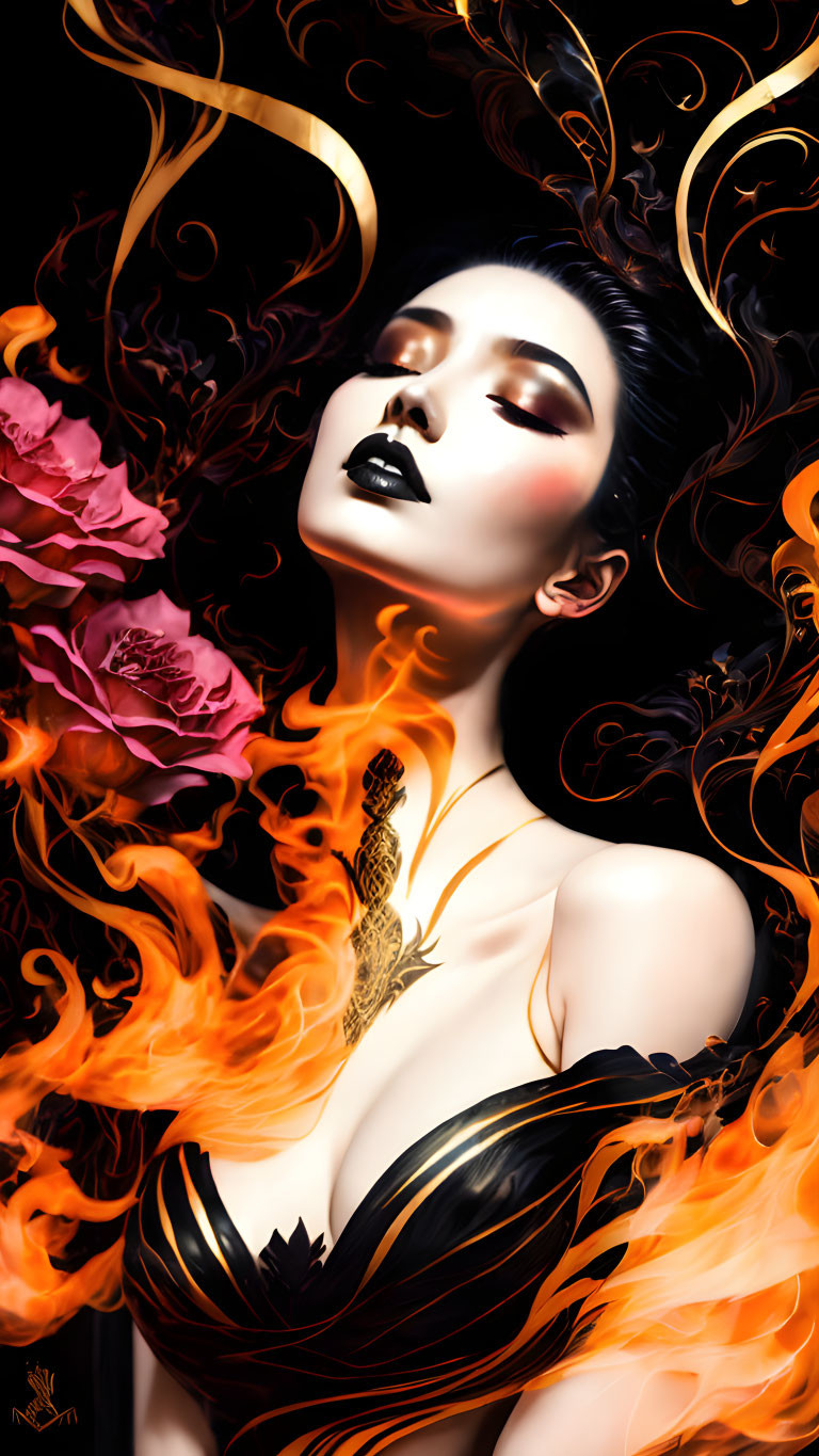 Digital Artwork: Pale-skinned Woman with Dark Hair and Red Eyeshadow in Fiery Floral