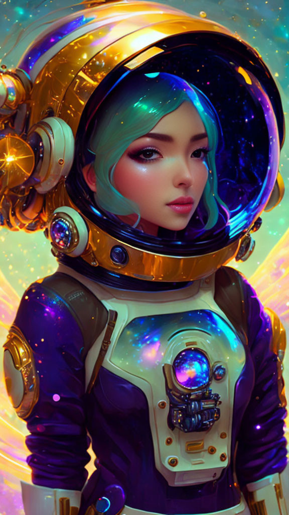 Female astronaut with teal hair in futuristic spacesuit on colorful cosmic background