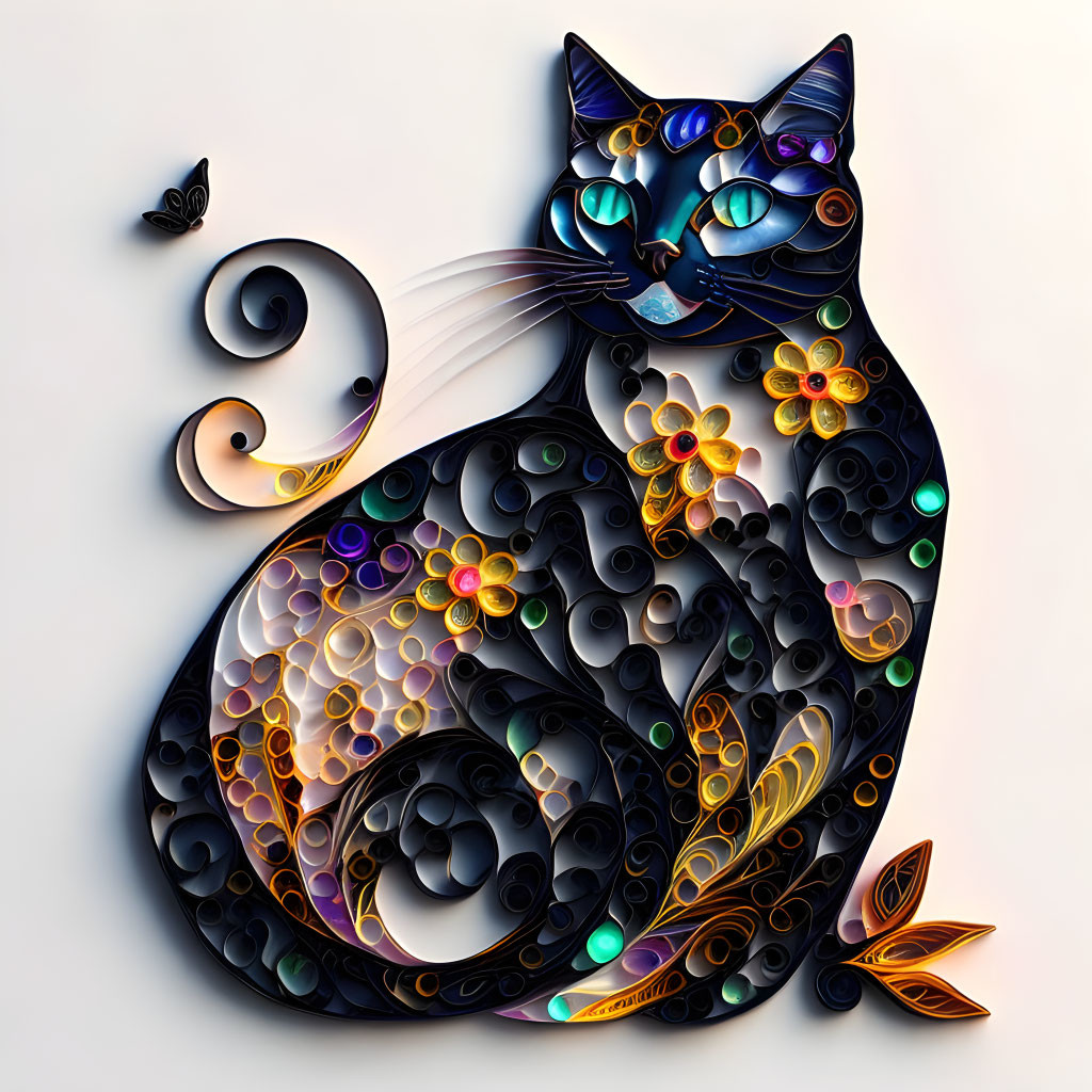 Colorful Cat with Abstract Floral Patterns and Butterfly in Paper Quilling Style