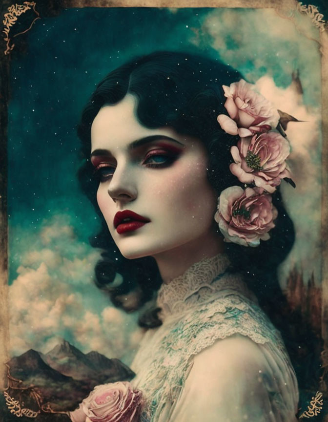 Vintage-Style Portrait of Woman with Pale Skin, Dark Hair, Pink Flowers, Red Lipstick,