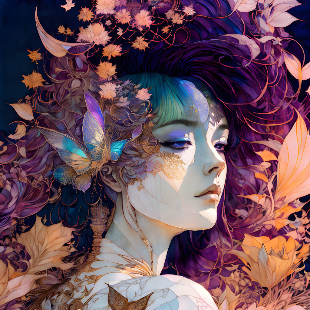 Illustrated portrait of mythical woman with purple hair, autumn leaves, butterfly, and ethereal motifs