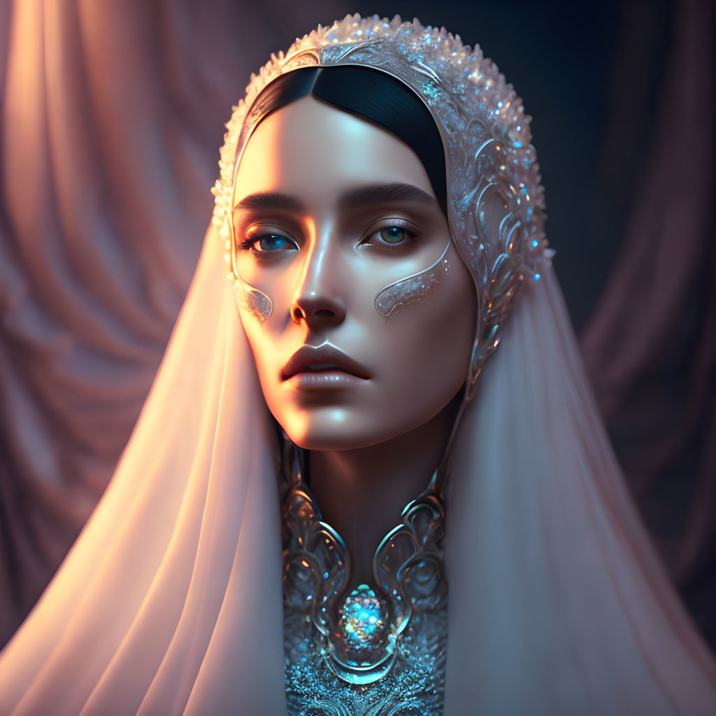 Blue-haired woman in ornate silver headpiece and jewelry, veiled in sheer fabric