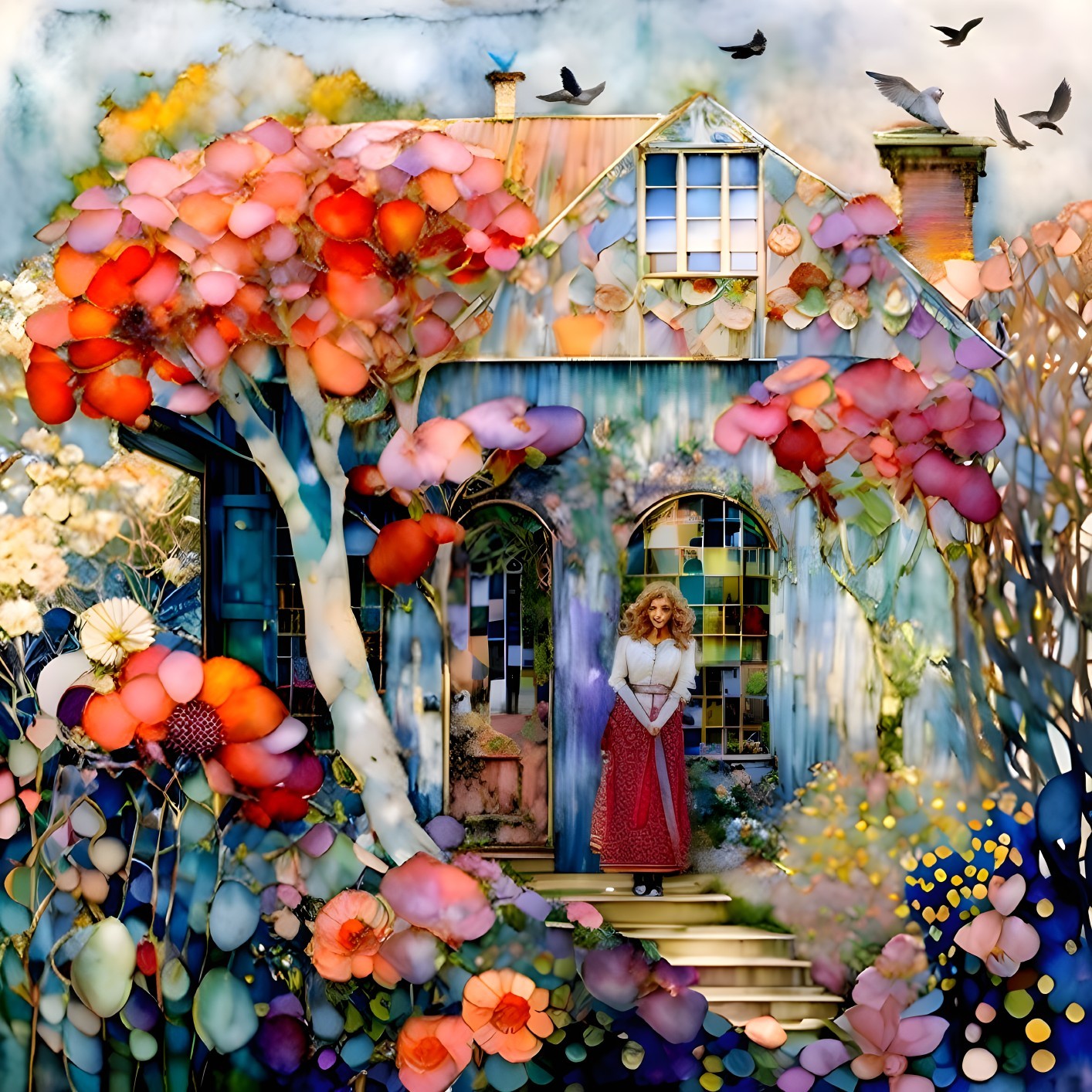 Woman in red dress at whimsical house with vibrant flowers and flying birds