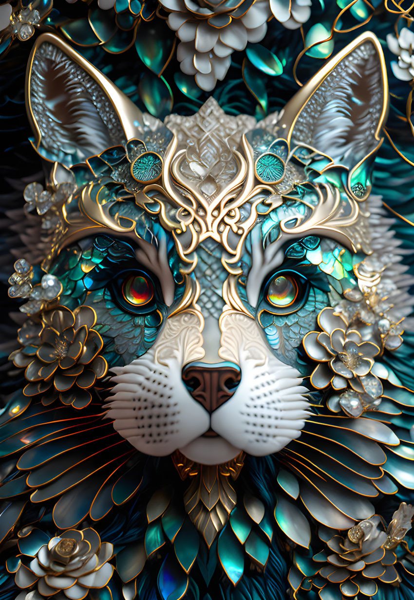 Artistic cat face with metallic floral patterns and jewel eyes