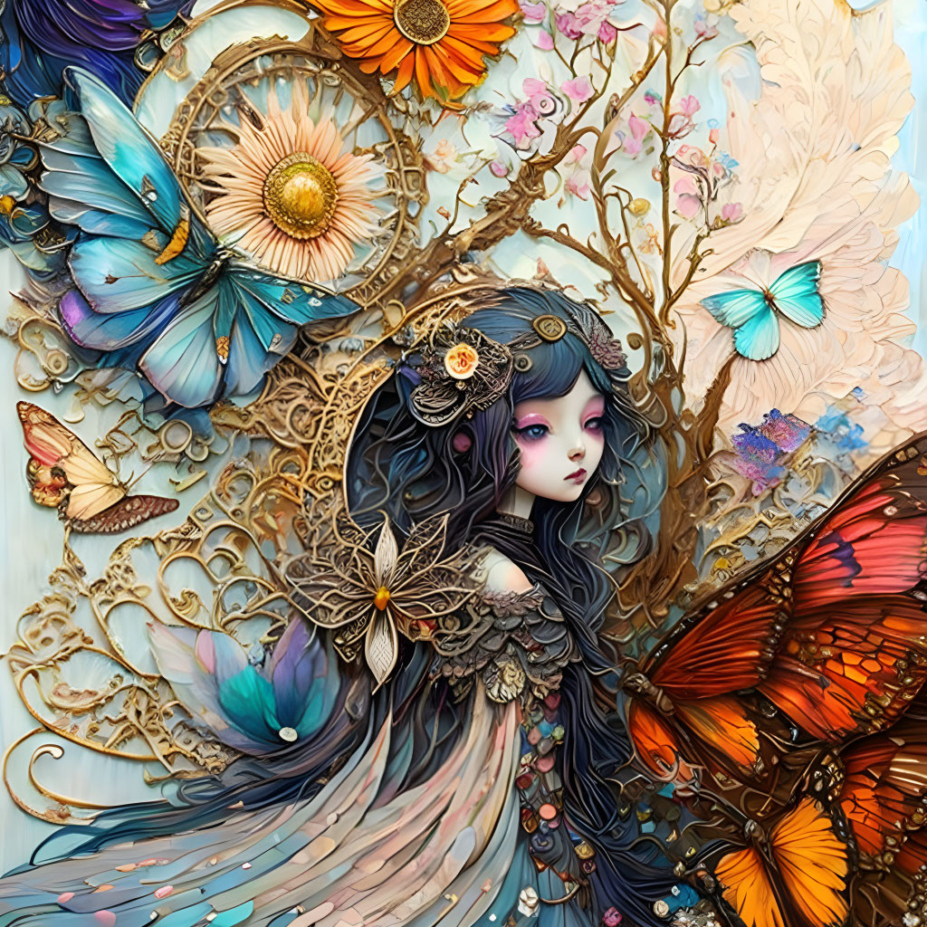 Colorful girl illustration with mystical aura, butterflies, florals, and ethereal backdrop