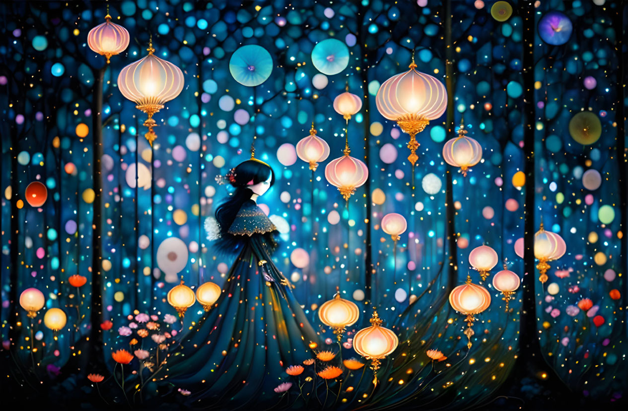 Person in light-adorned dress in mystical forest with glowing lanterns