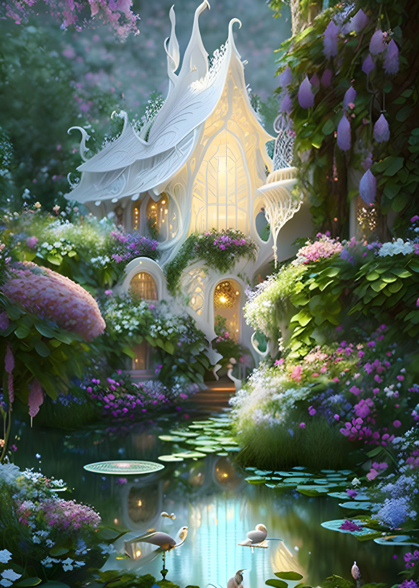 Intricate white cottage in lush garden with pond