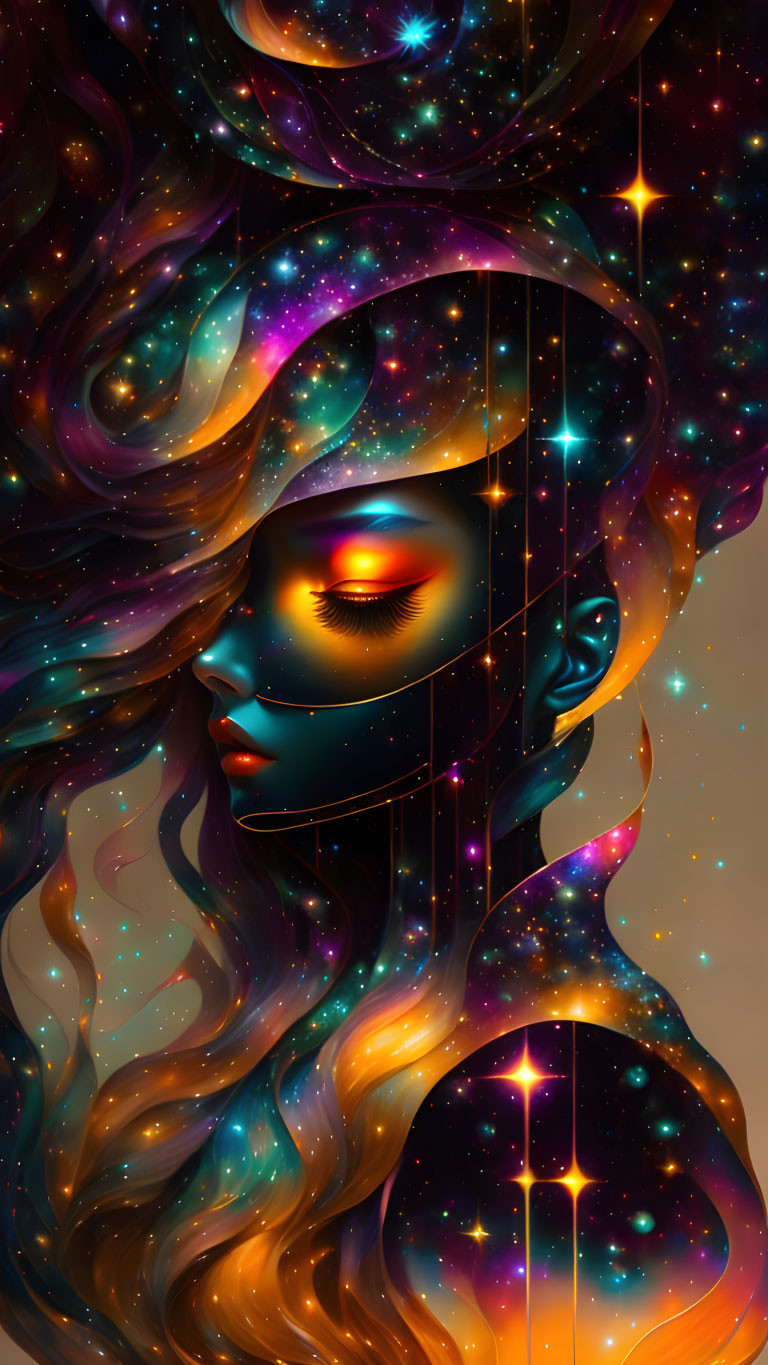 Surrealist portrait of woman with galaxy-themed hair and skin