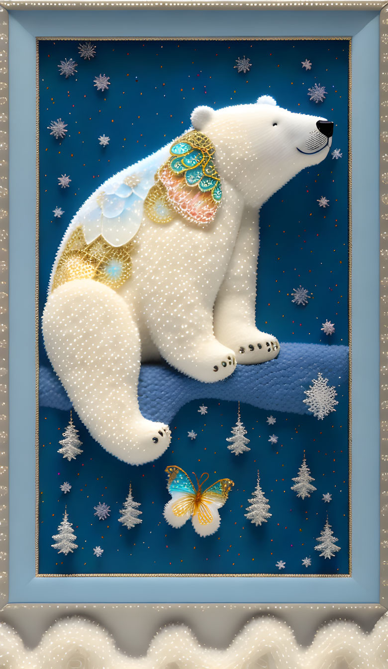 Illustration of a jewelry-adorned polar bear in snowy night scene