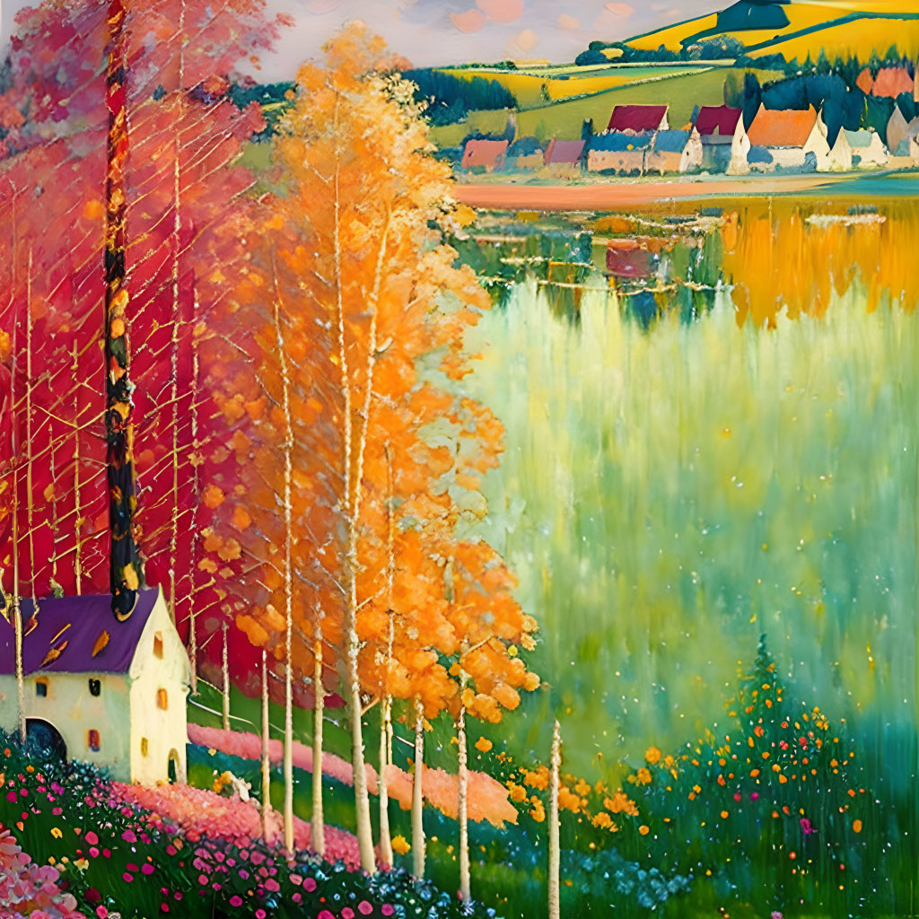 Autumn landscape painting with waterfall, house, village, and hills