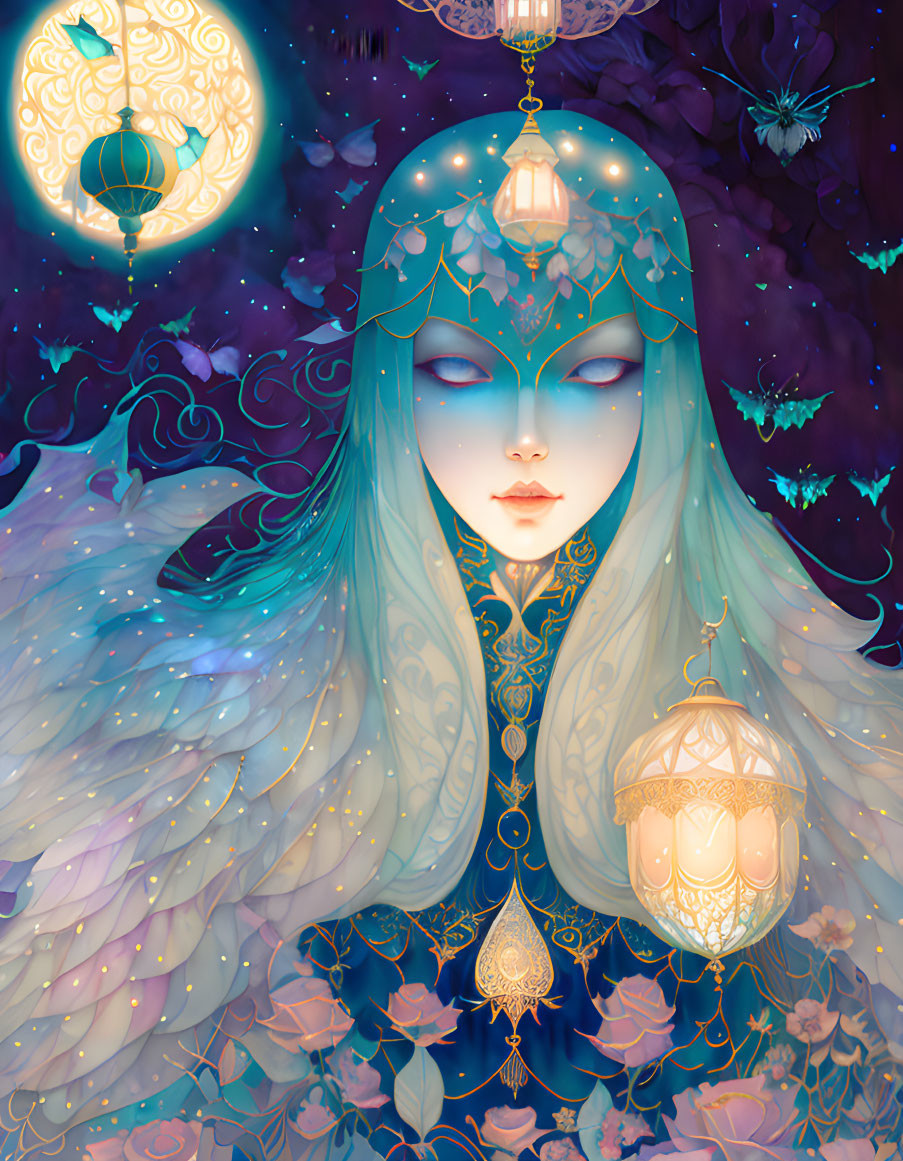 Ethereal illustration: Woman with teal hair, golden ornaments, lanterns, flowers, butterflies under