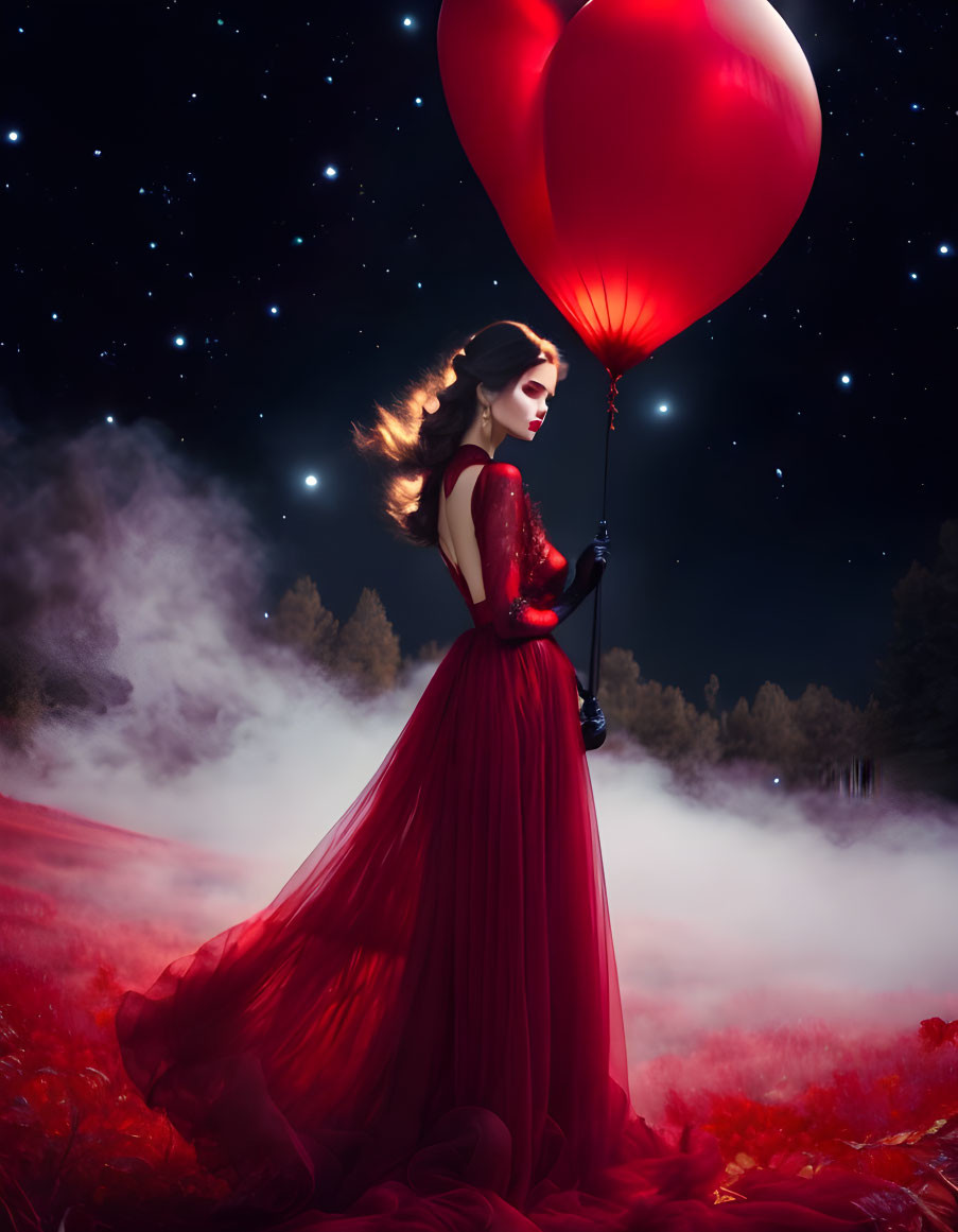 Woman in Red Dress with Large Red Balloon in Starry Night Sky