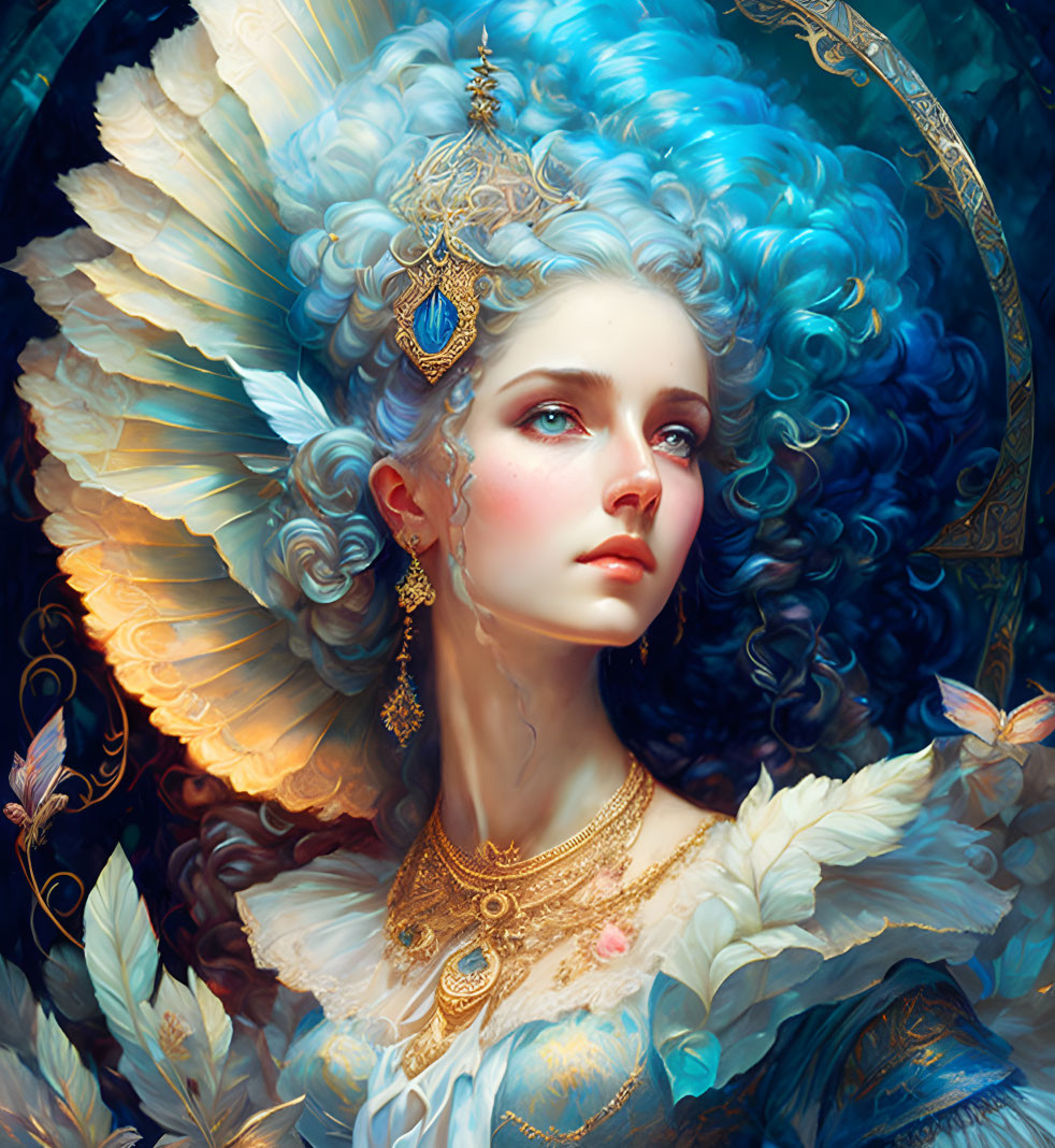 Regal woman with blue curls, golden jewelry, and feathers in elegant attire