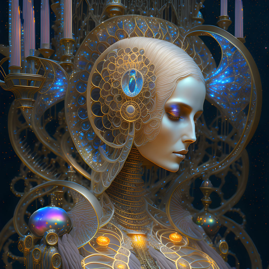 Feminine android with golden headgear in celestial setting