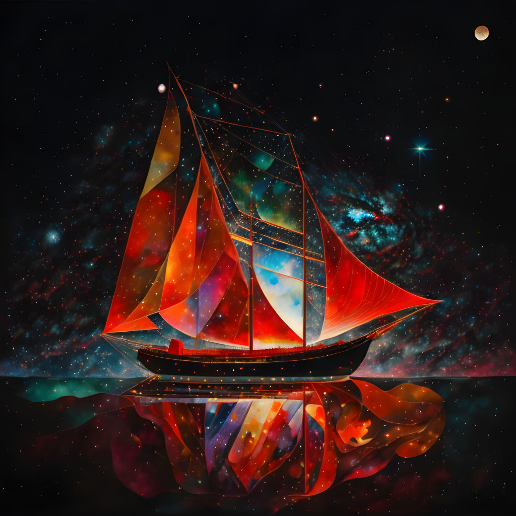 Colorful sailboat on calm mirrored surface under cosmic stars and galaxies.