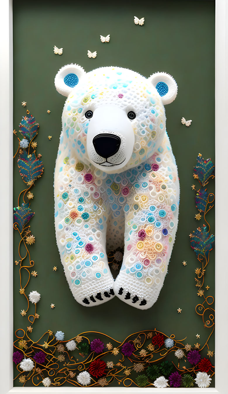 Textured polar bear with floral and butterfly motifs on green background