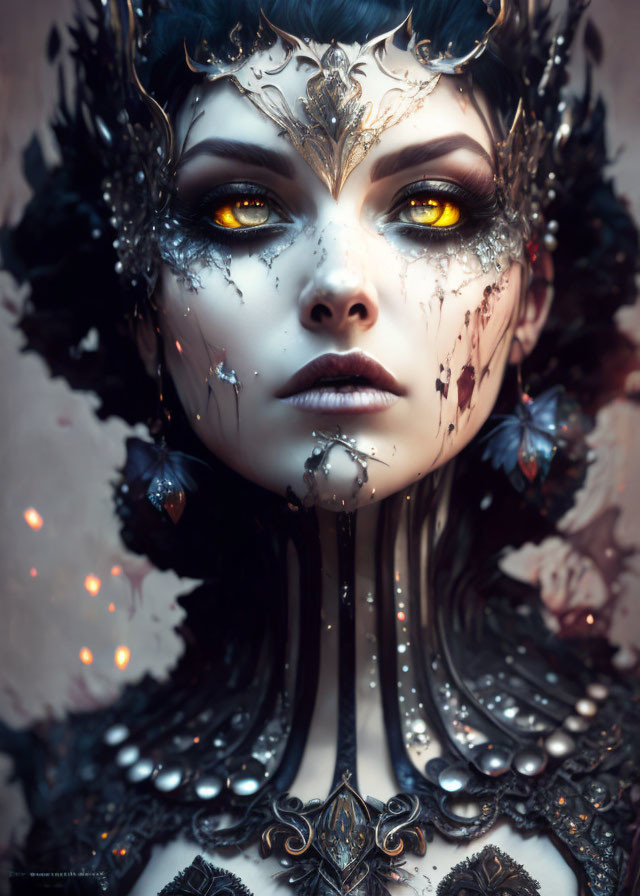 Elaborate dark headgear and golden eyes in fantasy portrait