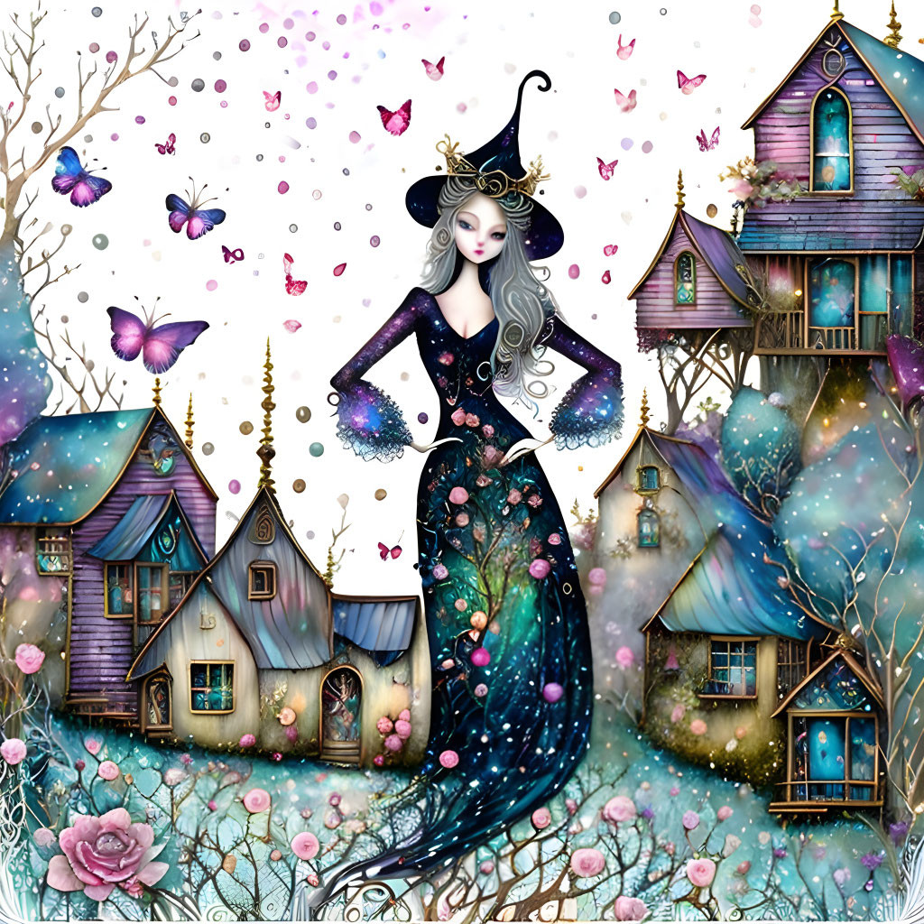 Whimsical witch illustration with stars, houses, and butterflies