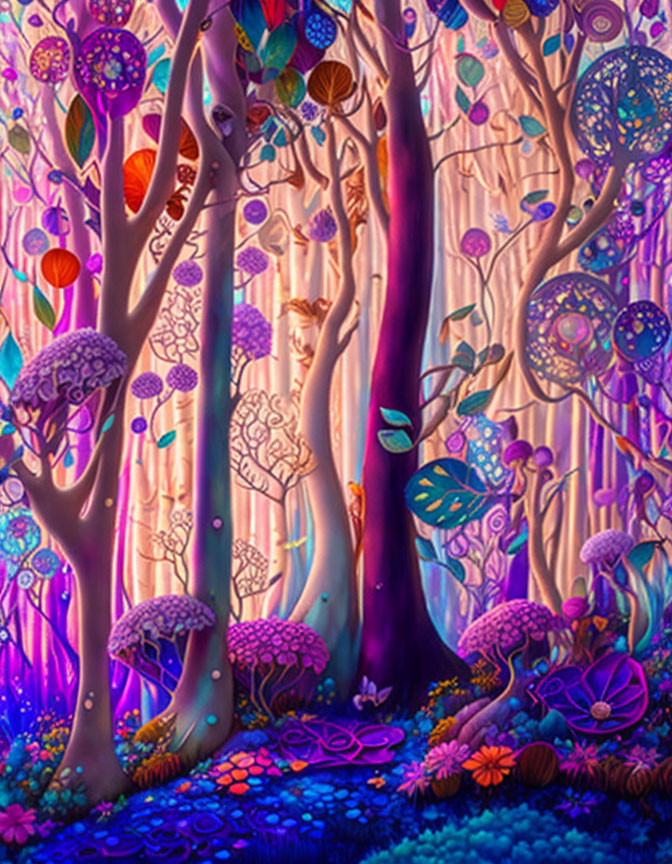 Fantasy forest with purple and pink hues and whimsical trees