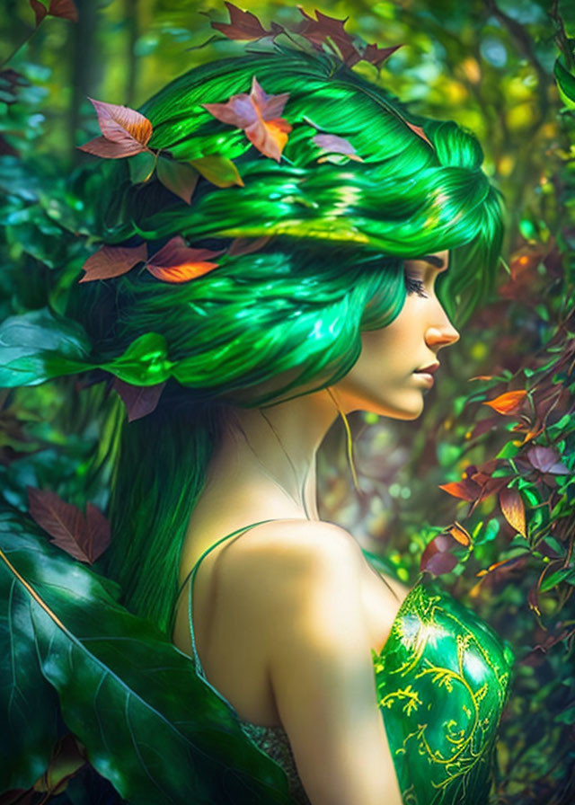 Woman with Green Hair in Forest Setting: Mystical Nature Profile