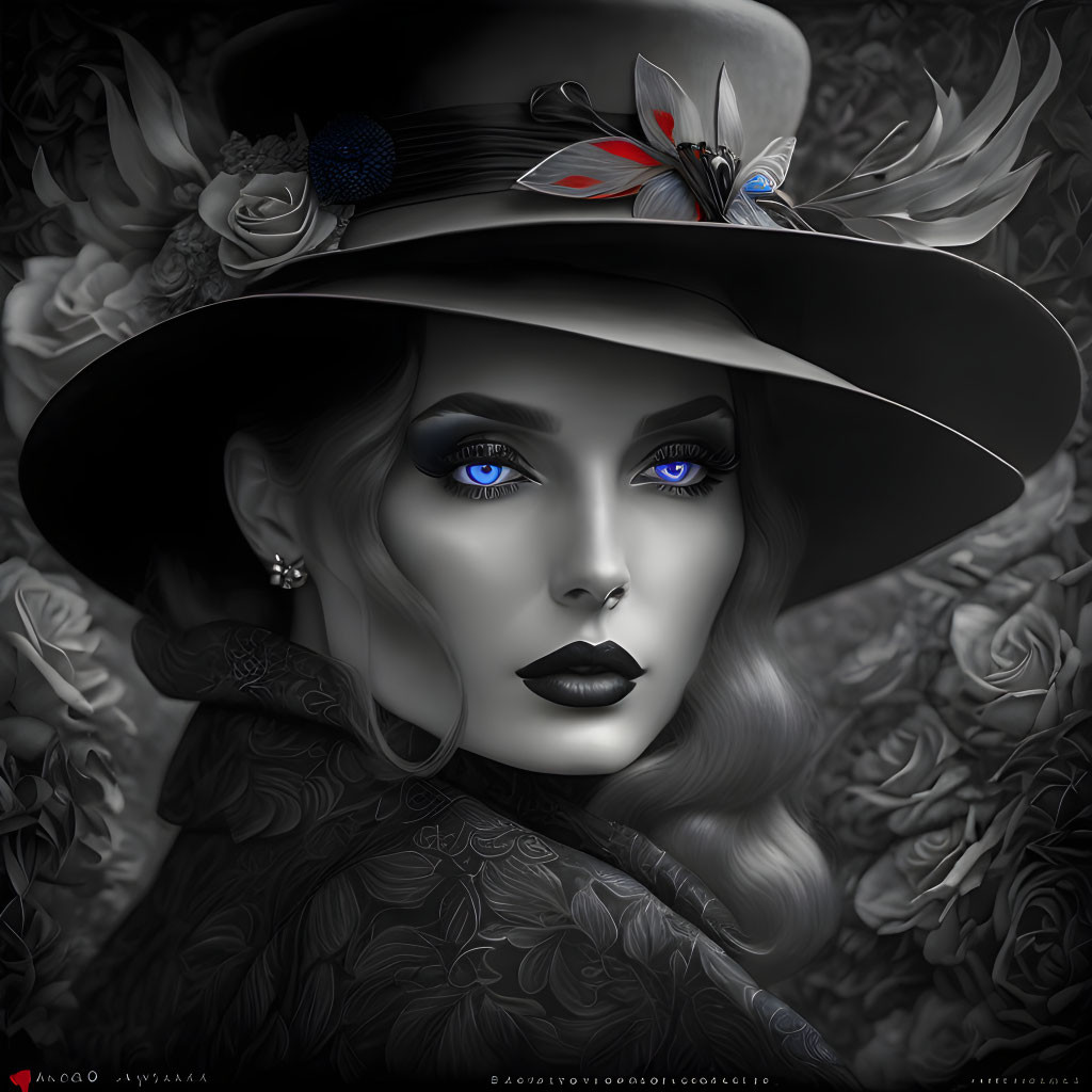 Monochrome portrait of woman with blue eyes in feathered hat among roses