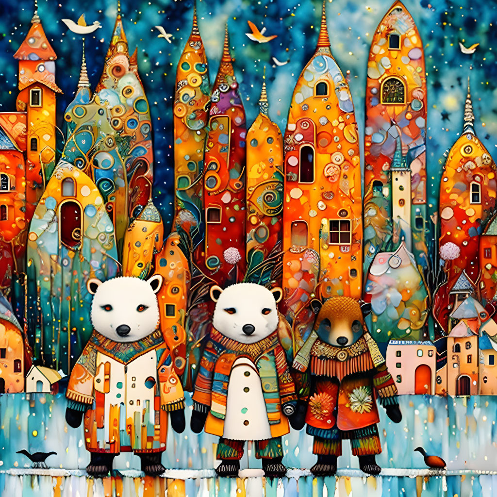 Whimsical painting of three bears in ornate attire against vibrant cityscape