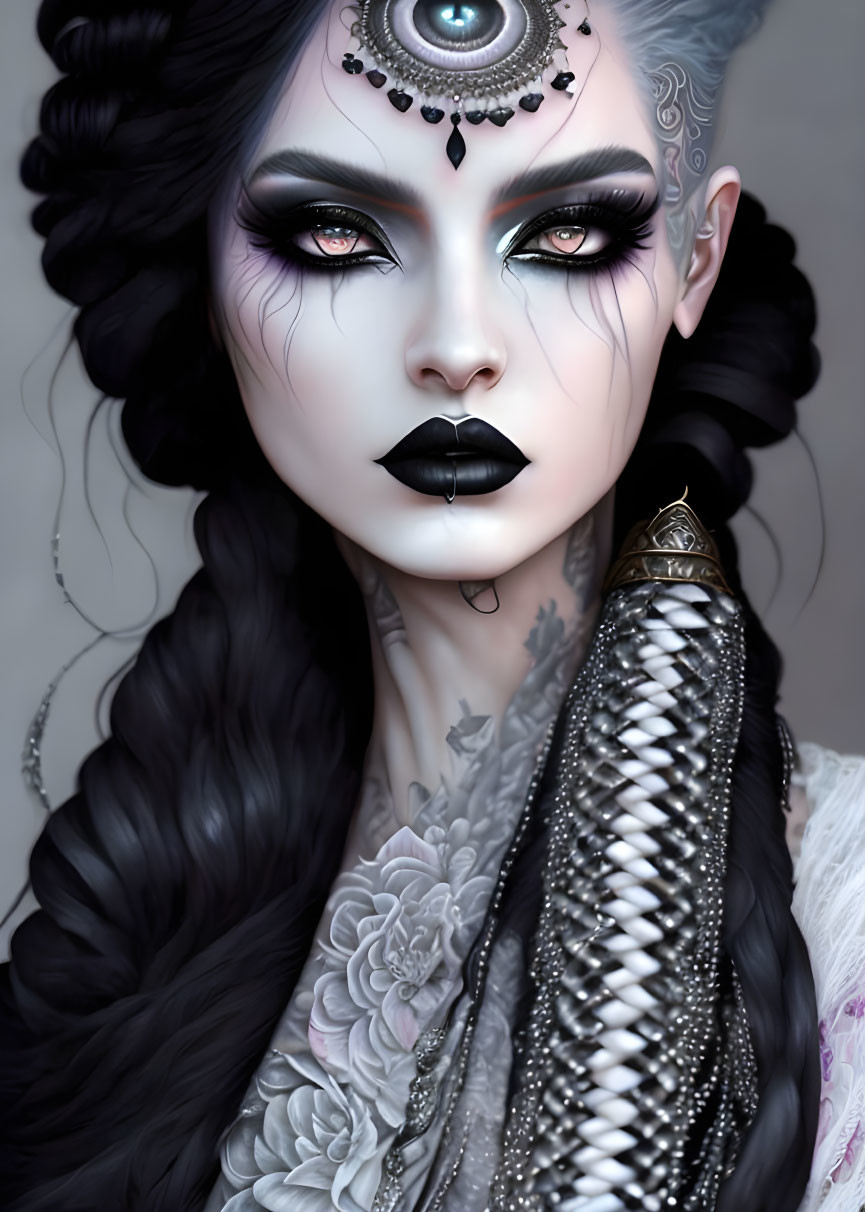 Elaborate Gothic makeup on female figure with jeweled forehead piece