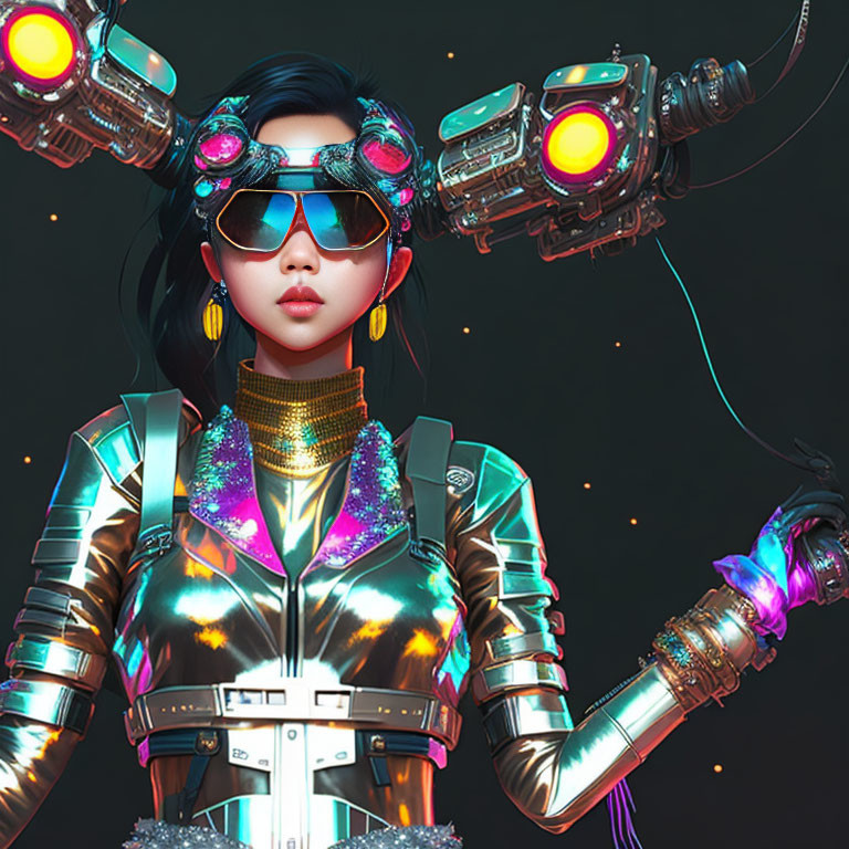 Futuristic female character in reflective clothing with high-tech glasses surrounded by mechanical devices and glowing elements